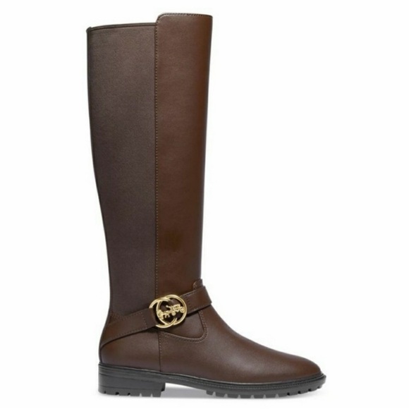 COACH Farrah Brown Wide Calf Riding Boots leather knee - Picture 2 of 5